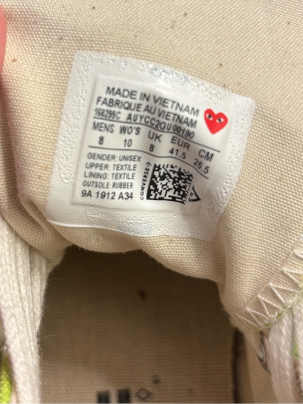 Converse x Comme des Garçons Play Neon Green High Top Sneakers 10W - Picture 4 of 10